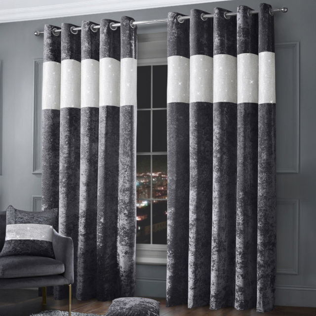 Intimates Diamante Charcoal Crushed Velvet Eyelet Curtains 168 x 183cm - Size: W 168 x D 183cm - Grey - Wilko - image 1