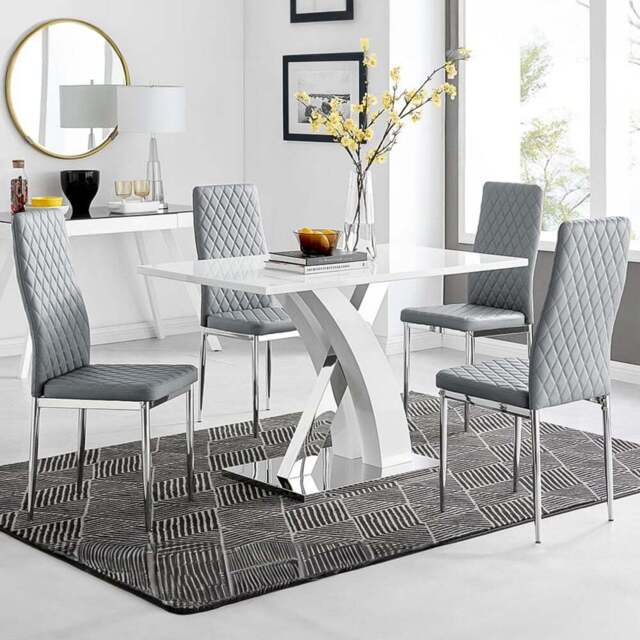 Furniturebox Columbia Valera 4 Seater Dining Set White Gloss Grey and Chrome - Wilko - image 1