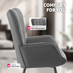 tectake Hygge Anthracite and Black Fine Cord Armchair - Size: Single - Grey - Wilko - thumbnail 7