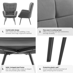tectake Hygge Anthracite and Black Fine Cord Armchair - Size: Single - Grey - Wilko - thumbnail 6