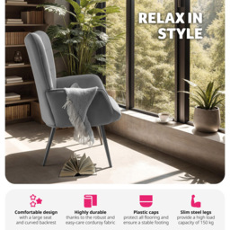 tectake Hygge Anthracite and Black Fine Cord Armchair - Size: Single - Grey - Wilko - thumbnail 5