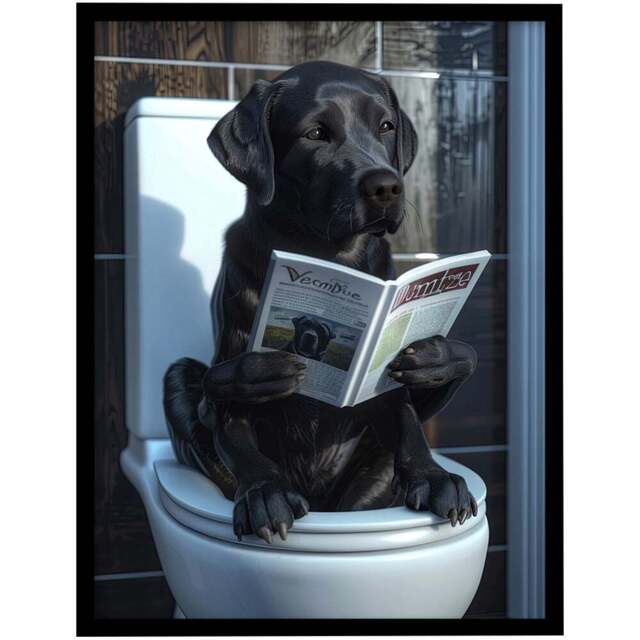 Artery8 Dog Lover Funny Black Labrador Reading Toilet Framed Wall Art Print 30 x 41cm - Size: 43.3 x 33.3 x 1.5cm - Wilko - image 1