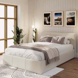 GFW King Size Natural Hopsack Fabric End Lift Ottoman Bed with Bonnell Mattress - Cream - Wilko