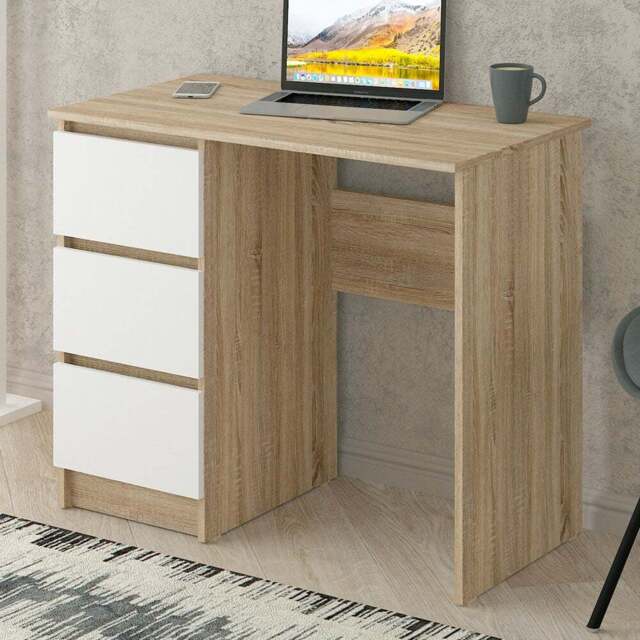 Shefa Cina 3 Drawer Computer Desk with Keyboard Tray Sonoma Oak and White - Size: 77 x 90 x 50cm - Sonoma Oak - White - Wilko - image 1