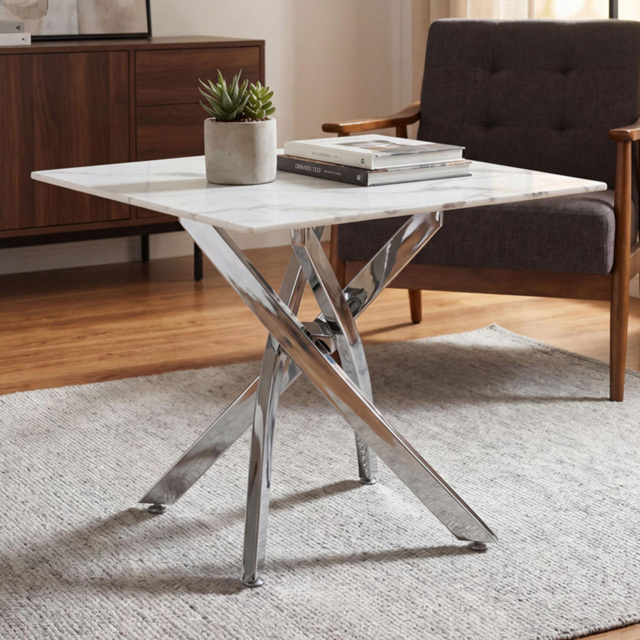 wilko Monaco Chrome and White Marble Glass End Table - Size: 75 x 60 x 60cm - Shankar - image 1