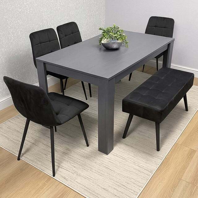 Portland 6 Seater Dark Grey Arrow Dining Table Set with Velvet Chairs and Bench - Multi - Wilko - image 1
