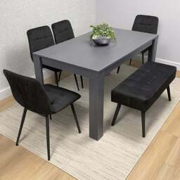 Portland 6 Seater Dark Grey Arrow Dining Table Set with Velvet Chairs and Bench - Multi - Wilko - thumbnail 1