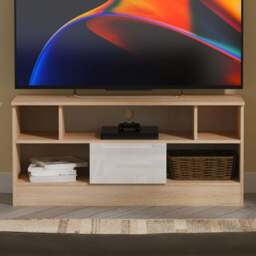 Crowndale Milan Single Drawer 5 Shelf White Gloss and Bardolino Oak TV Unit Ready Assembled - Size: 50 x 110 x 39cm - White Gloss & Bardolino Oak - Wi - thumbnail 1