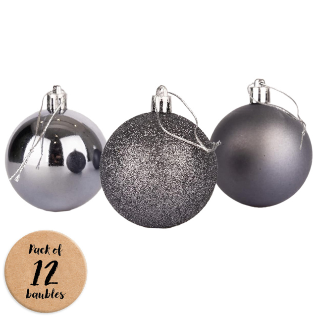 Shatchi 5cm Dark Grey Shatterproof Christmas Baubles 12 Pack - Wilko - image 1
