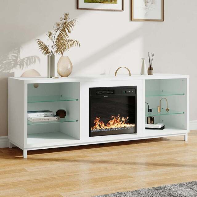 Living and Home 6 Shelf Freestanding TV Stand Entertainment Centre with Fireplace - Size: 63 x 164 x 48cm - White - Wilko - image 1