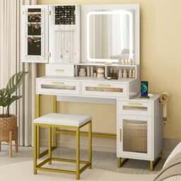 Costway 4 Drawer 2 Door White Dressing Table and Chair Set with LED Mirror - Size: 112 x 40 x 145cm - Wilko