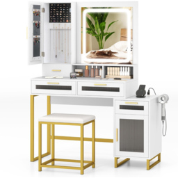 Costway 4 Drawer 2 Door White Dressing Table and Chair Set with LED Mirror - Size: 112 x 40 x 145cm - Wilko - thumbnail 3