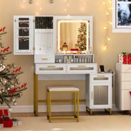Costway 4 Drawer 2 Door White Dressing Table and Chair Set with LED Mirror - Size: 112 x 40 x 145cm - Wilko - thumbnail 4
