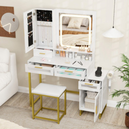 Costway 4 Drawer 2 Door White Dressing Table and Chair Set with LED Mirror - Size: 112 x 40 x 145cm - Wilko - thumbnail 6