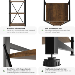 tectake Manchester 5 Shelf Industrial Dark Wood Bookcase - Brown - Wilko - thumbnail 6