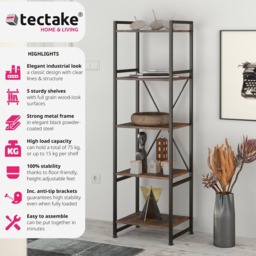 tectake Manchester 5 Shelf Industrial Dark Wood Bookcase - Brown - Wilko - thumbnail 7
