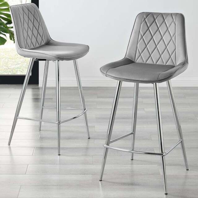 Furniturebox Cesano Grey Velvet Silver Legs Counter Stools Set of 2 - Wilko - image 1