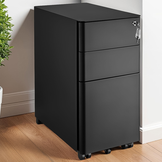 tectake Parvus 3 Drawer Black Lockable Filing Cabinet - Size: 59.5 x 30 x 50cm - Wilko - image 1