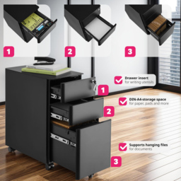 tectake Parvus 3 Drawer Black Lockable Filing Cabinet - Size: 59.5 x 30 x 50cm - Wilko - thumbnail 4