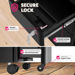 tectake Parvus 3 Drawer Black Lockable Filing Cabinet - Size: 59.5 x 30 x 50cm - Wilko - thumbnail 5