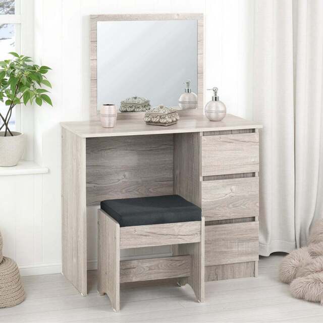 Seconique Malvern 3 Drawer Urban Snow Dressing Table with Steel Fabric Stool - Size: 100 x 80 x 40cm - Urban Snow/Steel Fabric - Wilko - image 1