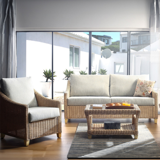 Desser Dijon 5 Seater Natural Rattan Cane Pebble Fabric Sofa Set - Grey - Wilko - image 1