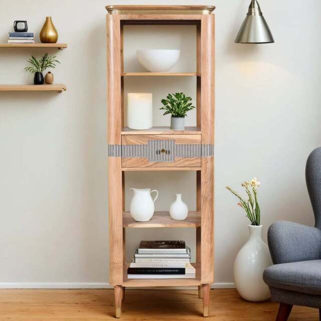 Brooklyn Wilton Single Drawer 4 Shelf Acacia Wood Slim Bookcase - Brown - Wilko - image 1