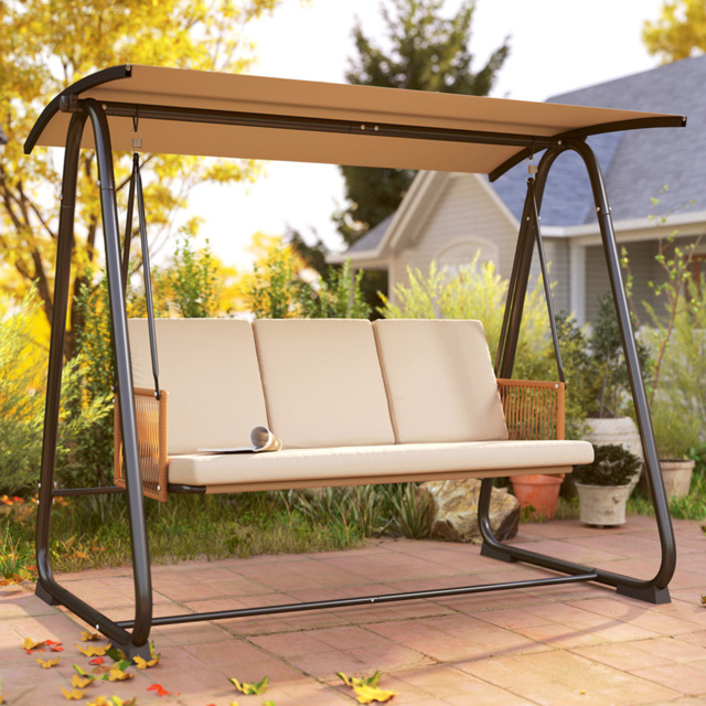 Outsunny 3 Seater Sand Brown Garden Swing Chair with Adjustable Canopy - Size: 165 x 203 x 121cm - Wilko - image 1