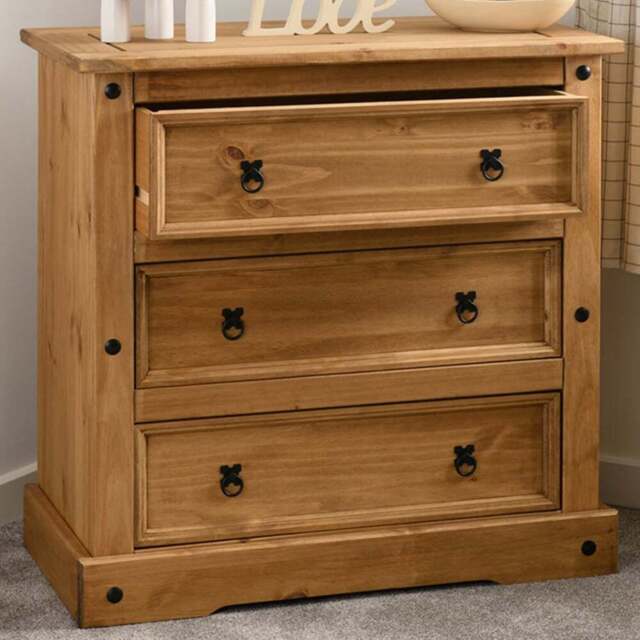 Seconique Corona 3 Drawer Distressed Waxed Pine Chest of Drawers - Brown - Wilko - image 1