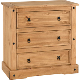 Seconique Corona 3 Drawer Distressed Waxed Pine Chest of Drawers - Brown - Wilko - thumbnail 3