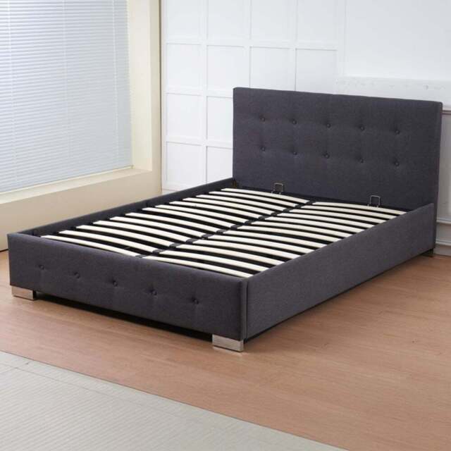 Indoor Living The Oslo Double Charcoal Linen Gas Lift Ottoman Bed Frame with Tufted Headboard - Grey - Wilko - image 1