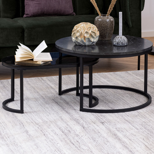 Florence Spiro Round Black Marble Oval Smoked Melamine Glass Top Nest of Tables Set of 2 - Furniture To Go - Wilko - image 1