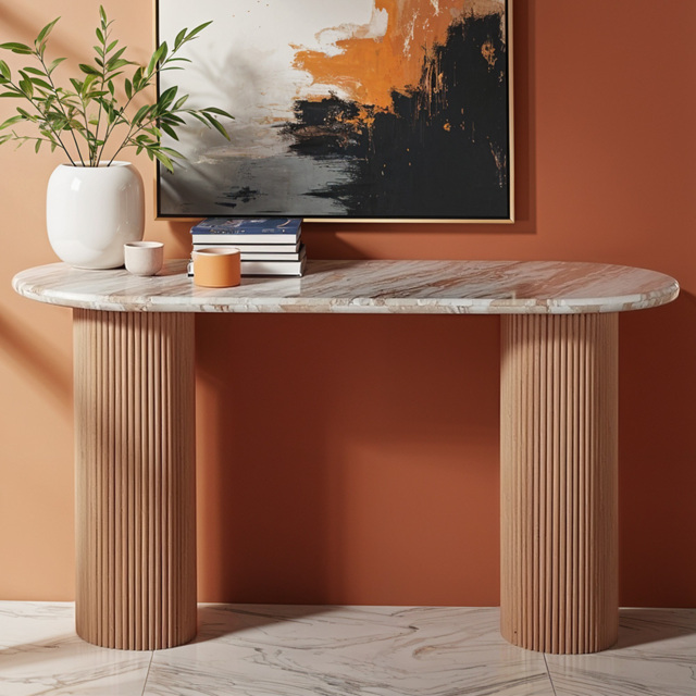 IH Design Bundi Natural Marble and Wood Pedestal Console Table - Size: 77 x 120 x 40cm - Brown - Wilko - image 1