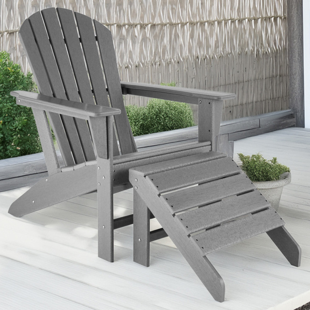 tectake Adirondack Design Light Grey Garden Chair with Footstool - Size: 97 x 79 x 83cm - Wilko - image 1
