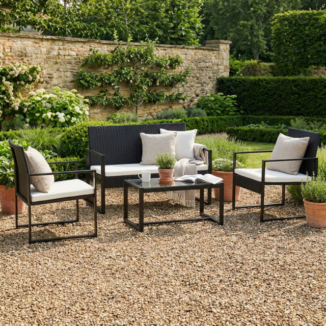 4 Seater Steel and Rattan KD Sofa Set - Black - Outdoor Essentials - Wilko - image 1