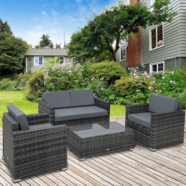 Outsunny 4 PCs Rattan Sofa Set Grey - Size: 4 Seater - Wilko - image 1
