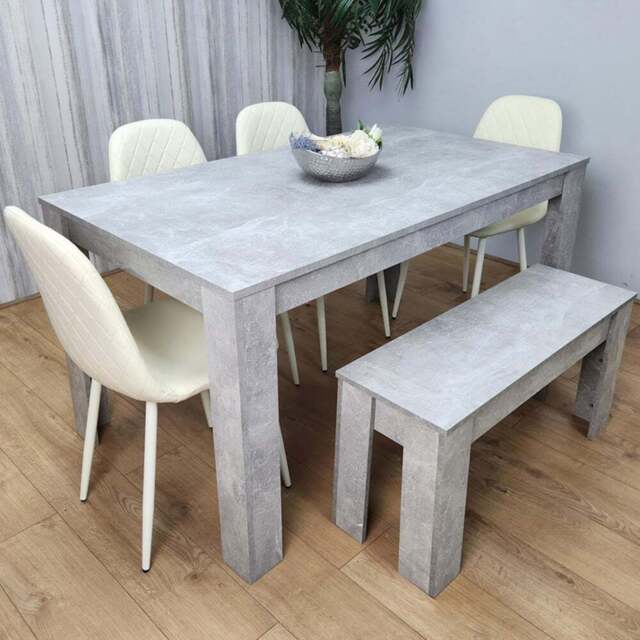 Kosy Koala 6 Seater Faux Leather Rectangular Dining Bench Set Stone Grey Effect and Cream - Multi - Portland - Wilko - image 1