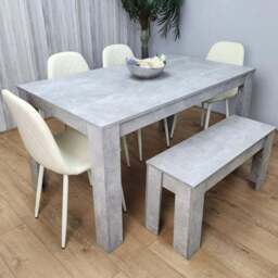 Kosy Koala 6 Seater Faux Leather Rectangular Dining Bench Set Stone Grey Effect and Cream - Multi - Portland - Wilko