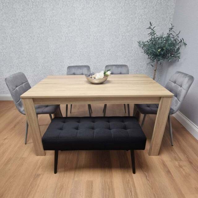 Portland 5 Seater Velvet Wooden Dining Set with Bench Oak Effect Grey and Black - Size: 4 Seater - Multi - Wilko - image 1