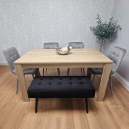 Portland 5 Seater Velvet Wooden Dining Set with Bench Oak Effect Grey and Black - Size: 4 Seater - Multi - Wilko