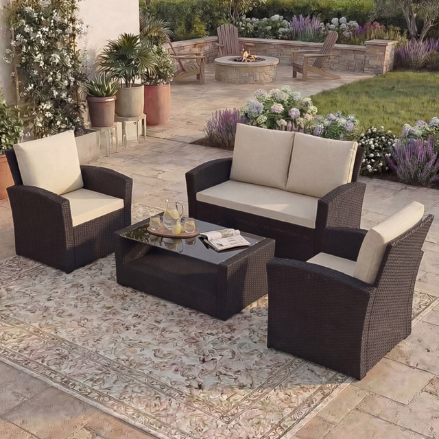 Garden Vida Mylor 4 Seater Brown PE Rattan Garden Lounge Set with Cover - Wilko - image 1
