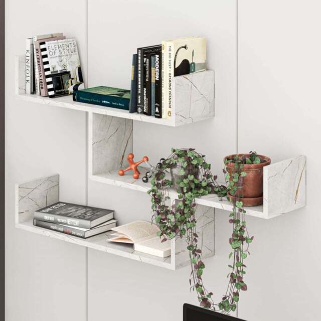 Decortie Tibet Gold Marble Effect 3 Tier Wall Mounted Bookcase Display Unit - Wilko - image 1