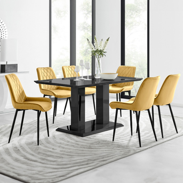 Furniturebox Molini Cesano 6 Seater Dining Set Black Gloss and Mustard - Yellow - Wilko - image 1