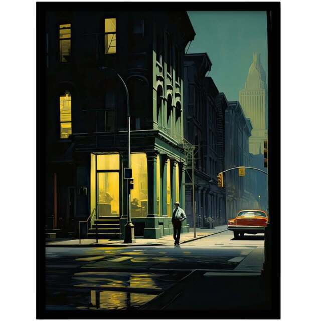 Artery8 New York At Dawn Edward Hopper Style Framed Wall Art Print 21 x 29.7cm - Size: 32.3 x 23.4 x 1.5cm - Green - Wilko - image 1