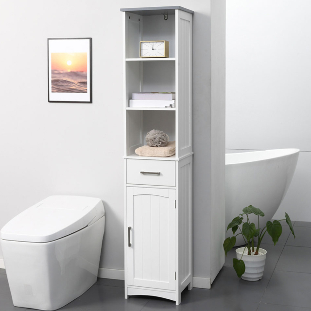 Kleankin Single Door Single Drawer White Tall Floor Cabinet - Size: 34 x 30 x 163cm - Wilko - image 1