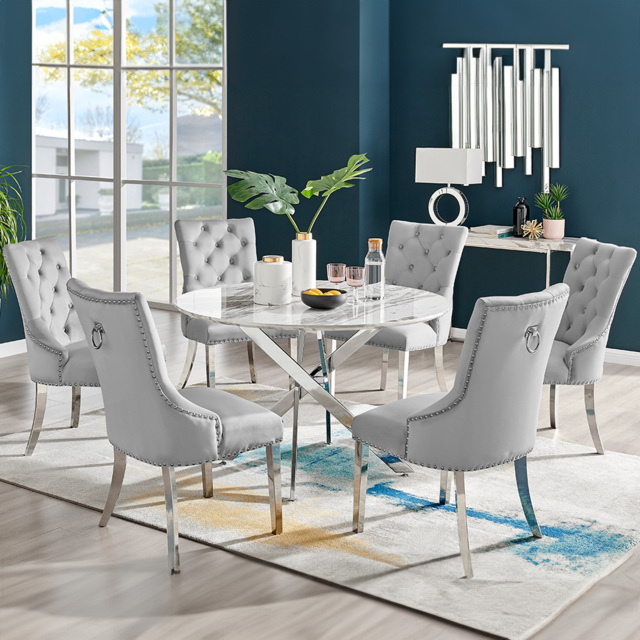 Furniturebox Arona Kensington Marble Effect 6 Seater Round Dining Set White Chrome and Grey - Wilko - image 1