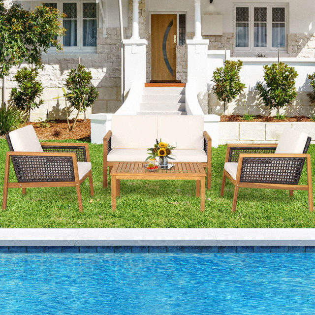 Costway 4 Seater White Patio Acacia Wood Furniture Set - Wilko - image 1