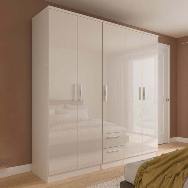 Crowndale Knightsbridge 5 Door 2 Drawer Kashmir Gloss Tall Wardrobe Ready Assembled - Kashmir Gloss & Kashmir - Wilko - image 1