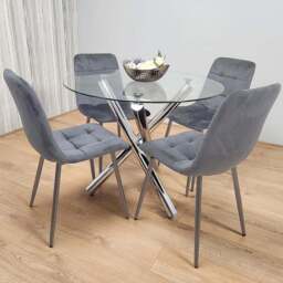 Kosy Koala 4 Seater Glass and Velvet Round Dining Table Set Chrome and Grey - Clear - Wilko