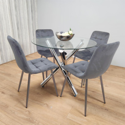 Kosy Koala 4 Seater Glass and Velvet Round Dining Table Set Chrome and Grey - Clear - Wilko - thumbnail 7